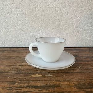 VTG Anchor Hocking Fire King Gold Rimmed Cup and Saucer Milk Glass Solid